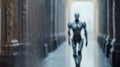 Futuristic Android Robot with a Metal Suit Emerges from the Blurred Background. Generative AI