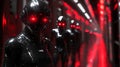 Futuristic android robots with glowing red eyes in a technological corridor