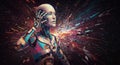 Futuristic android witnessing a dynamic burst of color and light in space