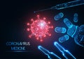 Futuristic antiviral coronavirus covid-19 medicine concept with virus, vaccine, pills and syringe