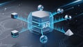 Futuristic API connection hub with digital data streams and geometric shapes application programming interface Royalty Free Stock Photo