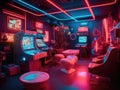 Futuristic arcade room with neon games and holographic posters