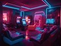 Futuristic arcade room with neon games and holographic posters