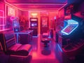 Futuristic arcade room with neon games and holographic posters