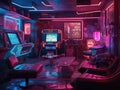 Futuristic arcade room with neon games and holographic posters