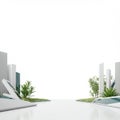 Futuristic architectural concept with abstract, angular white structures on both sides,