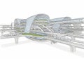 Futuristic architectural design featuring a complex multi-level transportation hub. Large, curving Royalty Free Stock Photo