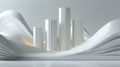 Futuristic architectural design featuring smooth flowing white curves surrounding tall cylindrical column structures in a Royalty Free Stock Photo