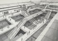 Futuristic architectural design of a transit hub with multiple levels and escalators. The Royalty Free Stock Photo