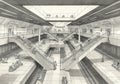 Futuristic architectural drawing of a multi-level subway station. The design features Royalty Free Stock Photo