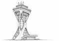 Futuristic architectural drawing of a tower with a unique, hourglass-like structure. The tower Royalty Free Stock Photo