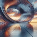 Futuristic architectural rendering large metallic swirling structure