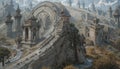 Futuristic architectural scene featuring grand stone structures with intricate design