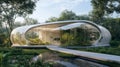 Futuristic architectural structure set in a lush forest environment