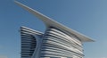 Futuristic architectural structure with sleek, curved forms and horizontal lines. T