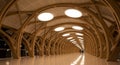 Futuristic Tunnel- Like Corridor with Intersecting Wooden Arches and Circular Ceiling Lights Royalty Free Stock Photo