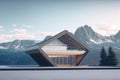 Futuristic architecture of modern hall entrance on mountain with empty corridor