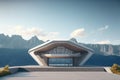 Futuristic architecture of modern hall entrance on mountain with empty corridor