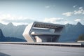 Futuristic architecture of modern hall entrance on mountain with empty corridor