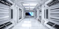 Futuristic Architecture Sci-Fi Corridor Interior in Space Station with Earth Planet View, 3D Rendering Royalty Free Stock Photo