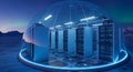 Futuristic arctic data center enclosed in a protective dome under the aurora borealis Royalty Free Stock Photo