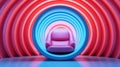 Futuristic armchair in in empty spherical room with colorful volumetric walls. Abstract interior with bright neon colors