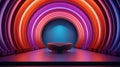 Futuristic armchair in in empty spherical room with colorful volumetric walls. Abstract interior with bright neon colors