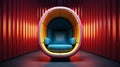 Futuristic armchair in oval capsule in empty dark room with red volumetric walls. Abstract interior with bright neon