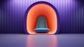 Futuristic armchair in oval orange capsule in empty violet room. Abstract interior with bright neon colors. 3D rendering