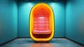 Futuristic armchair in oval yellow capsule in empty room with cyan walls lit by spotlights. Abstract interior with