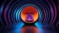 Futuristic armchair in spherical orange glowing capsule in empty dark room with volumetric purple wall. Abstract