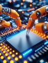 Futuristic Arms Assembling Microchip Robotic arms precisely place a microchip onto a circuit board symbolizing advanced