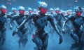 Futuristic army of humanoid robots with glowing red eyes advancing through fog