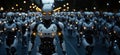 Futuristic army of humanoid robots marching in urban setting with glowing eyes