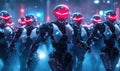 Futuristic army of sleek robots with glowing red eyes in a cyberpunk cityscape