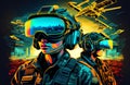 Futuristic army and soldier in glasses of virtual reality. Drone operator and future of the warfare concept made with