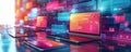 Futuristic array of responsive devices displaying vibrant interfaces for web design Royalty Free Stock Photo