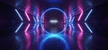 Futuristic Arrow Shaped Neon Lights Glowing Vibrant Blue Purple Corridor Grunge Concrete Dark Reflective Virtual Podium Garage