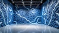 Futuristic art installation with blue wavy patterns on walls in modern gallery Royalty Free Stock Photo