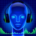 Futuristic artificial head in blue light with headphones and green graphic equalizer Royalty Free Stock Photo