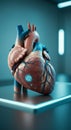 Futuristic artificial human heart with digital interface on medical table Royalty Free Stock Photo