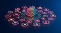 Futuristic Artificial Intelligence Brain Interconnecting Digital Data Points and Diverse Technology Icons in a Vibrant Cybernetic Royalty Free Stock Photo