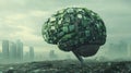 Futuristic Artificial Intelligence Brain Sculpture Amid Urban Decay Royalty Free Stock Photo