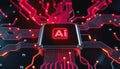 Futuristic artificial intelligence chip illuminates a complex network of glowing red circuits Royalty Free Stock Photo