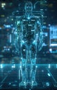 Futuristic Artificial Intelligence Digital Human Body Illustration with Glowing Circuitry Interface HUD Display Data Analysis, Royalty Free Stock Photo