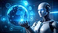 Artificial Intelligence Robot with Digital Globe and Global Data Network Technology Concept Royalty Free Stock Photo