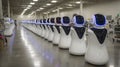 Futuristic assembly line of humanoid robots in high-tech factory setting Royalty Free Stock Photo