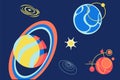 Futuristic astronaut banner. Astronomy science. Galaxy planets. Satellites or stars. Universe exploration. Space travel Royalty Free Stock Photo