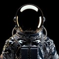 Futuristic astronaut fashion, symmetrical, front view, metal chrome space suit, epic, cinematic, black background.