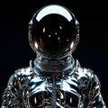 Futuristic astronaut fashion, symmetrical, front view, metal chrome space suit, epic, cinematic, luminous, black background.